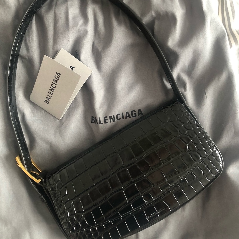Balenciaga Ghost Sling Croc Embossed Shoulder Bag - Black